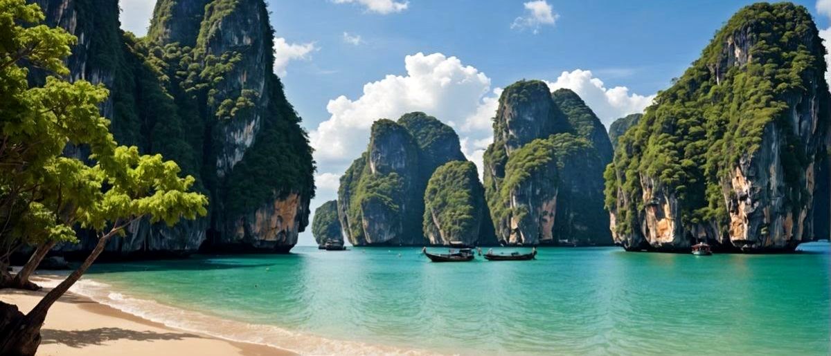 Limestone cliffs, long-tail boats and a turquoise bay in the Andaman Sea