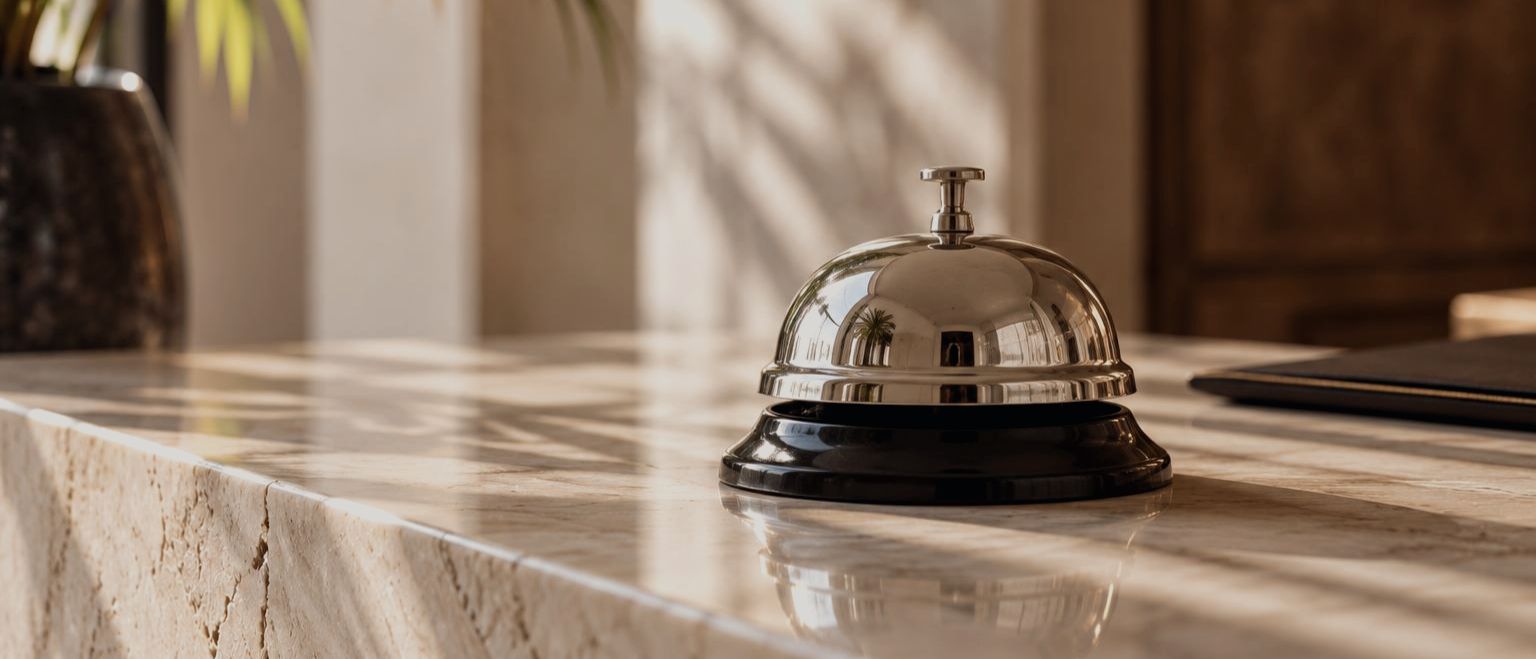 A concierge bell on a marble reception desk in warm afternoon light