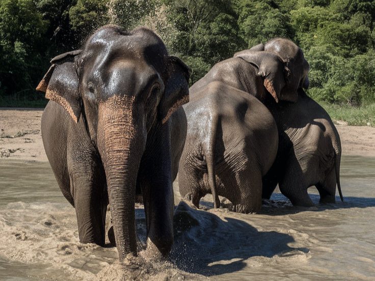 Elephants bathing freely in a river at a sanctuary