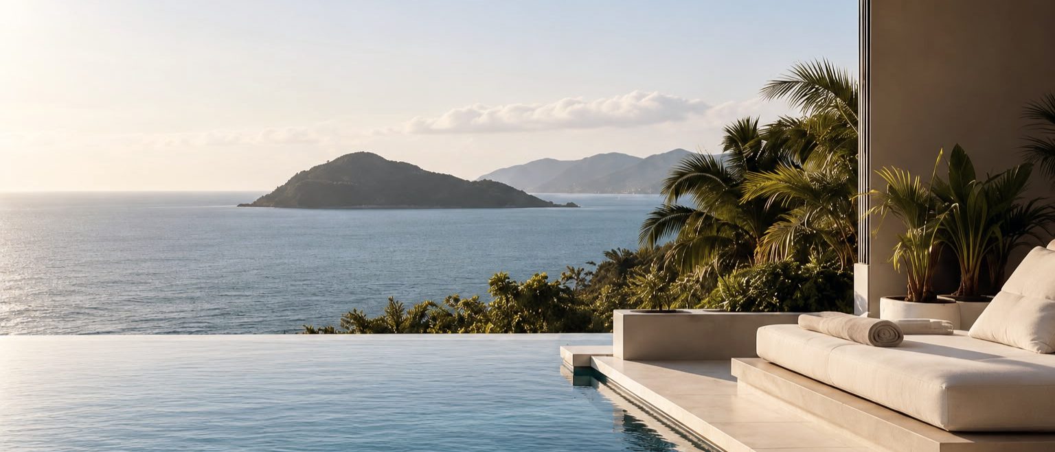 Infinity pool of a Phuket villa overlooking the sea and an island