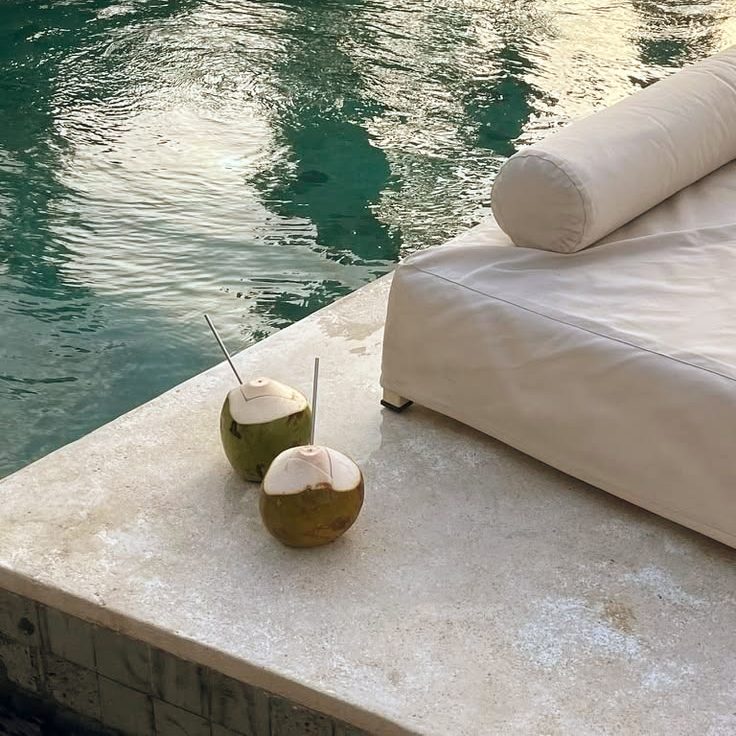 Two fresh coconuts on the edge of a villa pool beside a daybed